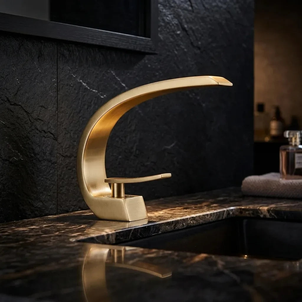 Torneira para banheiro monocomando luxury dourada escovada quente e fria, em bancada de pedra escura, ambiente moderno e sofisticado — Toque de Casa