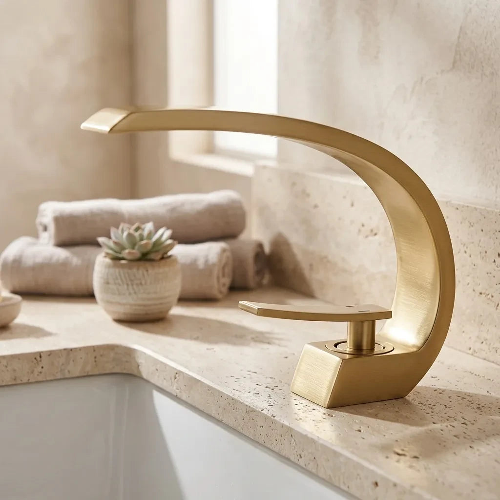 Torneira para banheiro monocomando luxury dourada escovada quente e fria, em bancada de travertino, ambiente estilo spa — Toque de Casa
