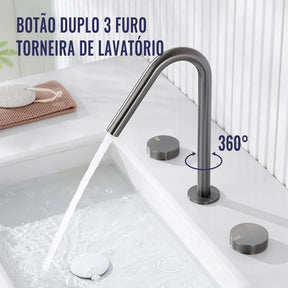 Torneira Misturador Banheiro 3 Furos Níquel Escovado instalada com bica 360 graus
