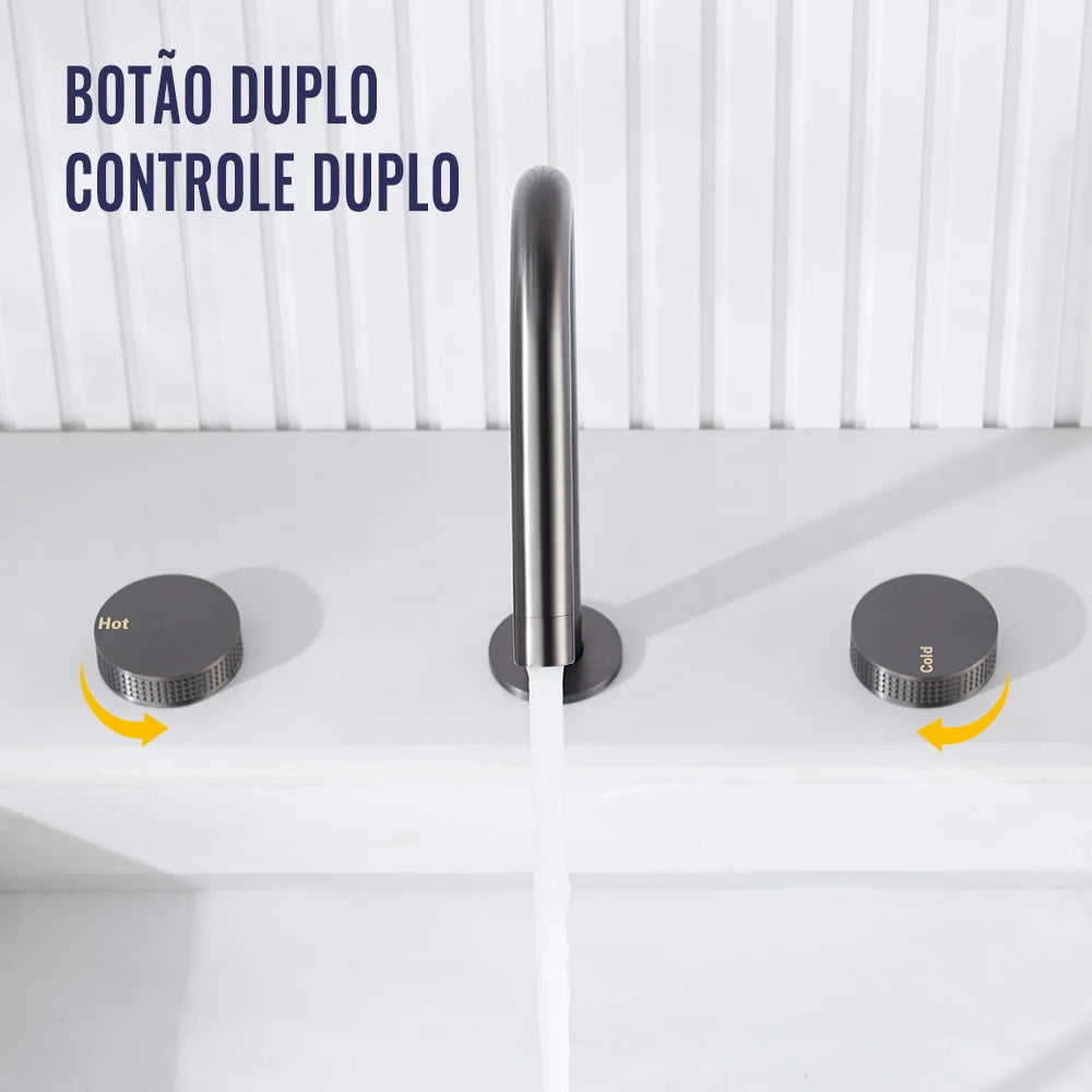 Torneira Misturador Banheiro 3 Furos Níquel Escovado com duplo comando quente e frio