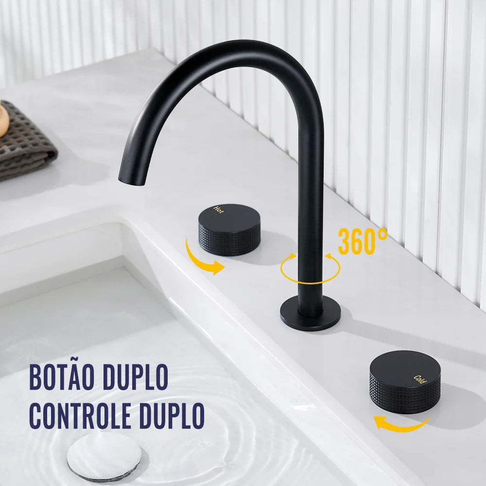 Torneira Misturador Banheiro 3 Furos Preto Fosco com bica giratória 360 graus