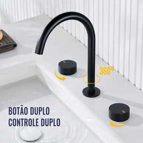 Torneira Misturador Banheiro 3 Furos Preto Fosco com bica giratória 360 graus