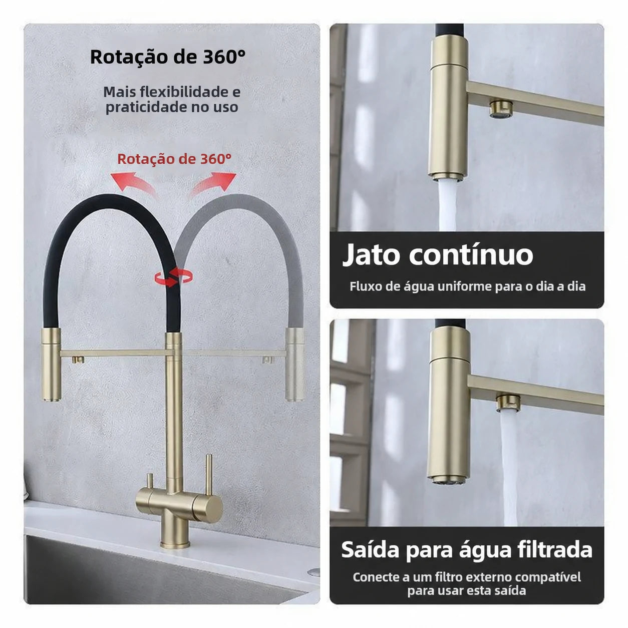 Torneira gourmet dourada com rotação de 360 graus e saídas de água comum e filtrada