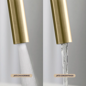 Comparação dos dois modos de saída: jato chuveirinho e jato concentrado, no acabamento dourado.
