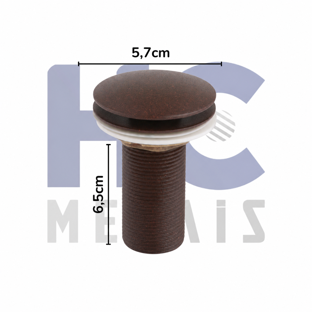 Medidas da válvula click Corten: tampa de 5,7 cm e rosca com 6,5 cm de comprimento
